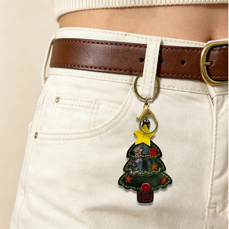 Head layer cowhide Christmas tree handmade keychain New Year's and Spring Festival pendant backpack